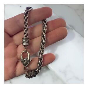 Silver-Tone Engraved Braided Chain Bracelet 7.5” Heart Lobster Clasp